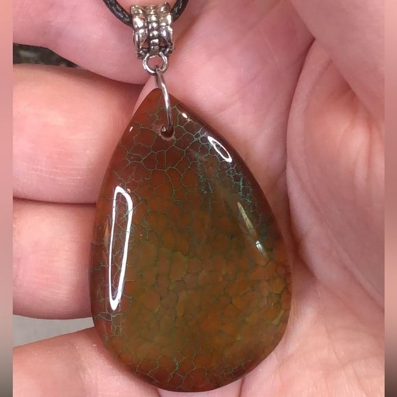 Gemstone & Fossil Pendant on Waxed Necklace w/Ornate Bail Lobster Claw Clasp - Picture 12 of 16